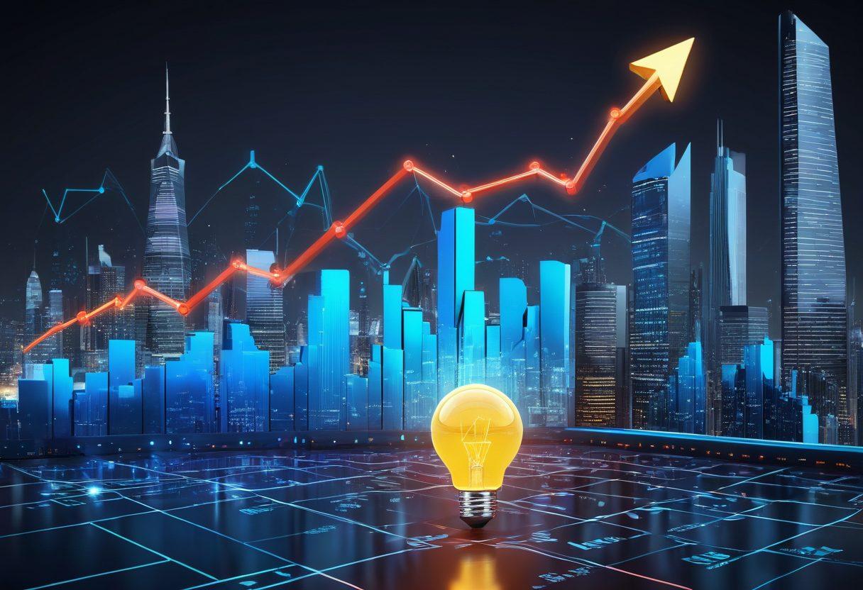 A dynamic chart with an upward trend, surrounded by futuristic financial symbols like bull and bear icons, a glowing lightbulb symbolizing innovative ideas, and abstract representation of data streams flowing around. Set against a sleek, modern background with hints of city skyline. super-realistic. vibrant colors. 3D.