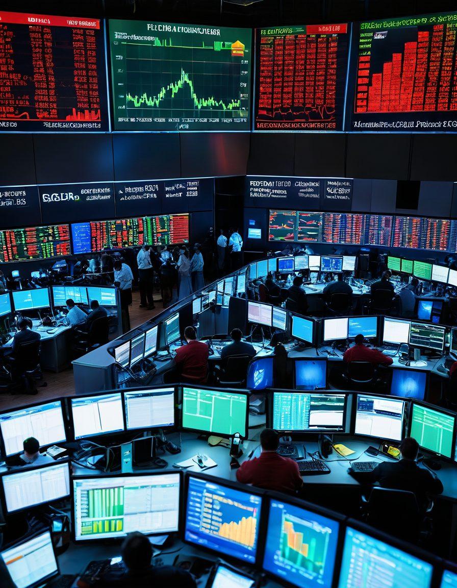 A dynamic stock market scene featuring diverse traders intently analyzing charts and graphs on multiple screens, a bustling trading floor in the background, with green and red stock movement indicators glowing around them. Include elements like a bull and bear symbolizing market trends, blend in a modern urban skyline through large windows. Captivating colors and a sense of urgency in the atmosphere. super-realistic. vibrant colors. 3D.