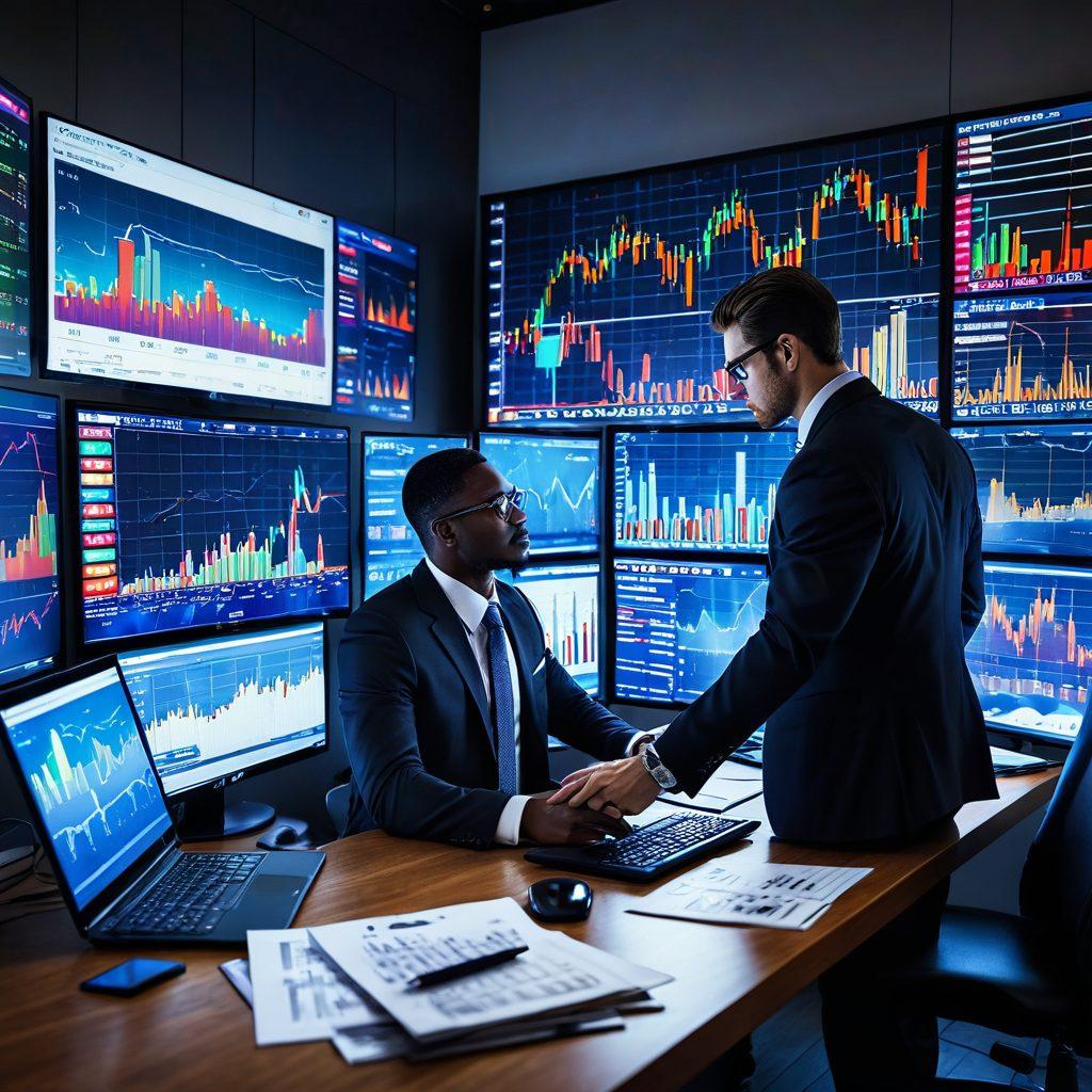 A dynamic collage of a trader at a computer, charts and graphs displaying upward trends, and various trading tools scattered around. The background features a city skyline symbolizing opportunity, while glowing symbols of currencies and stock market figures hover in the air. The overall tone conveys confidence and empowerment for traders. vibrant colors. super-realistic.